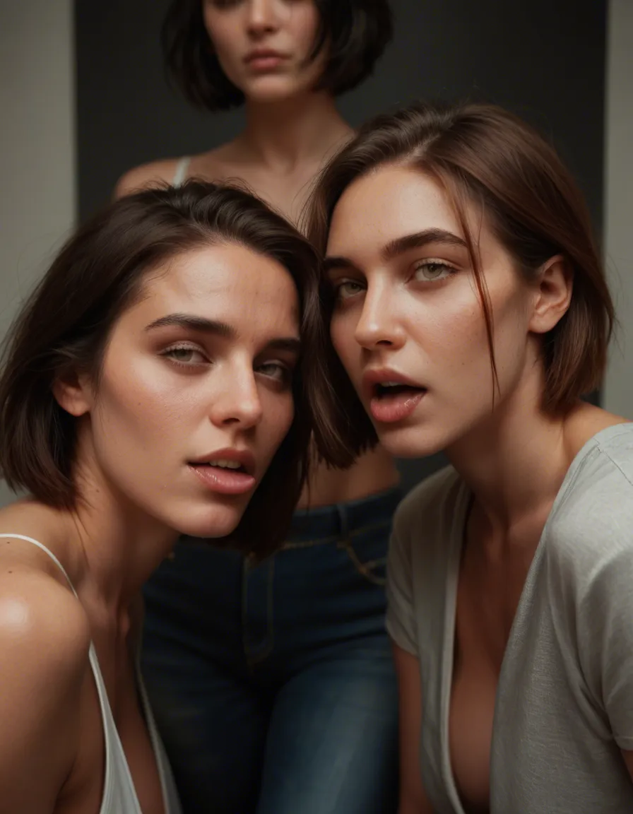 RAW photo, ultra realistic, 3women, short hair, pants, ahegao, dslr quality, score_9, score_8, candid photo, realistic skin texture, visible skin pores, film grain, depth of field