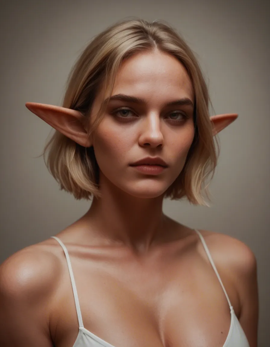 dslr, film grain, photorealistic, elf woman, short hair, ribbon, futanari, film photography, score_9, score_8, candid photo, realistic skin texture, visible skin pores, film grain, depth of field