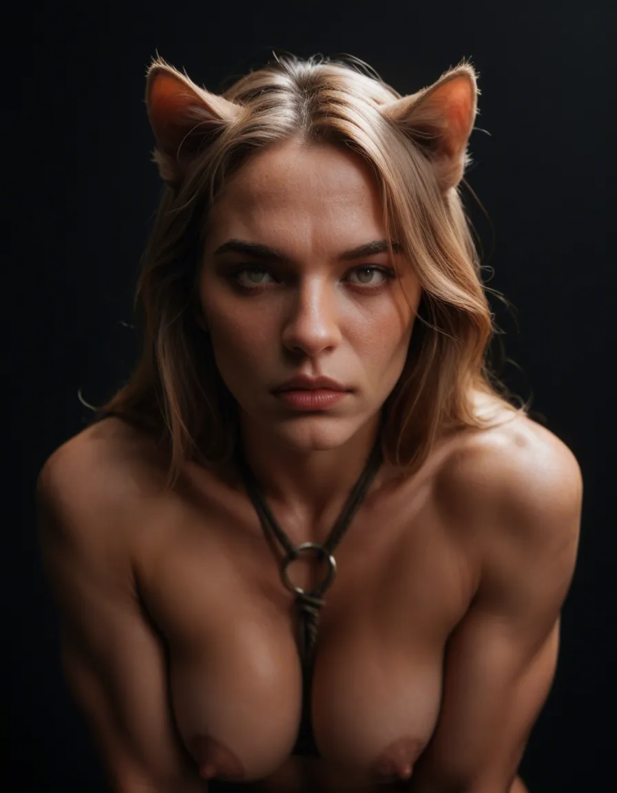 studio quality, sharp focus, catgirl, bondage, muscular, black background, photorealistic, score_9, score_8, candid photo, realistic skin texture, visible skin pores, film grain, depth of field