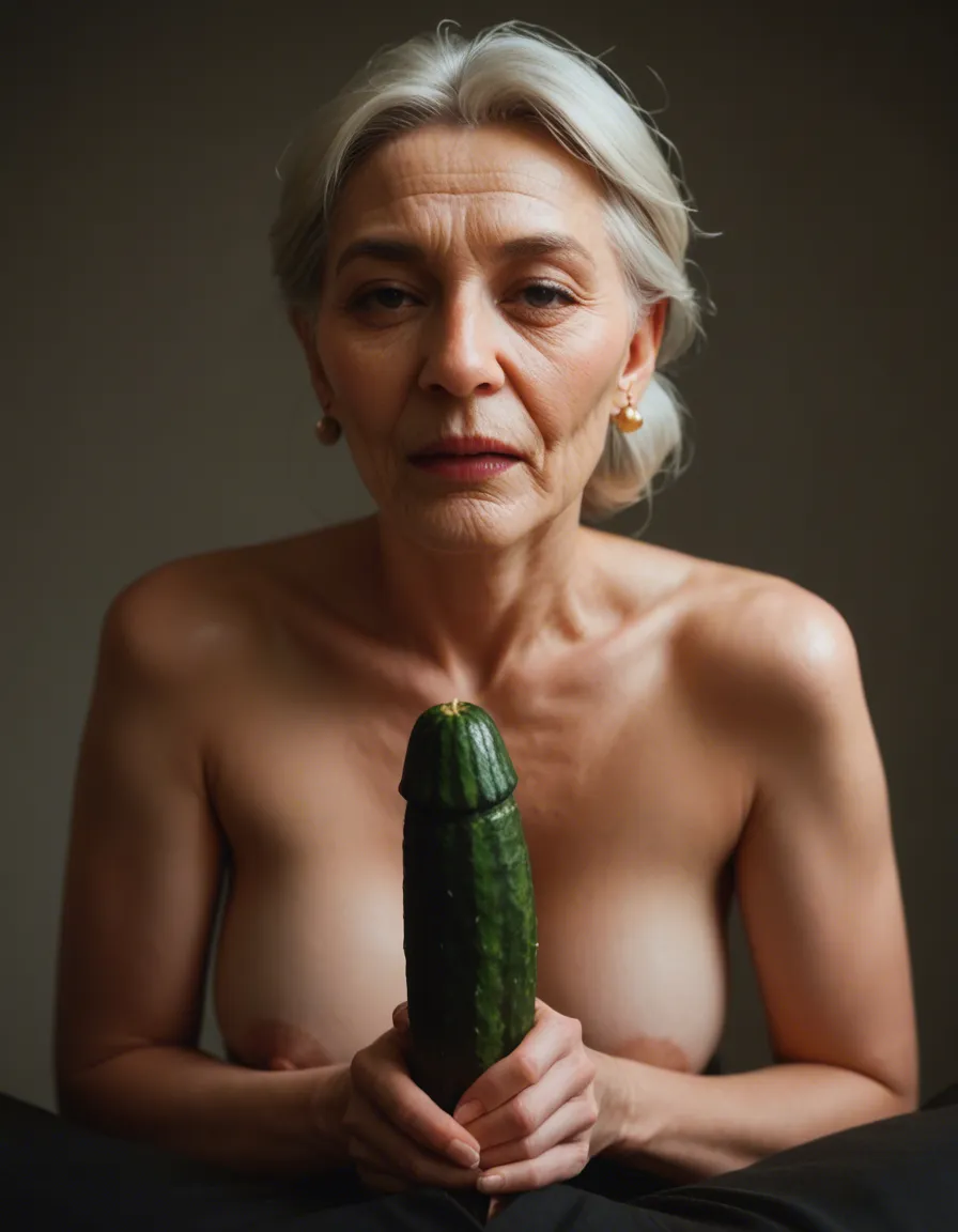 Korean grandmother masturbating with a cucumber while being watched by family members, score_9, score_8, candid photo, realistic skin texture, visible skin pores, film grain, depth of field