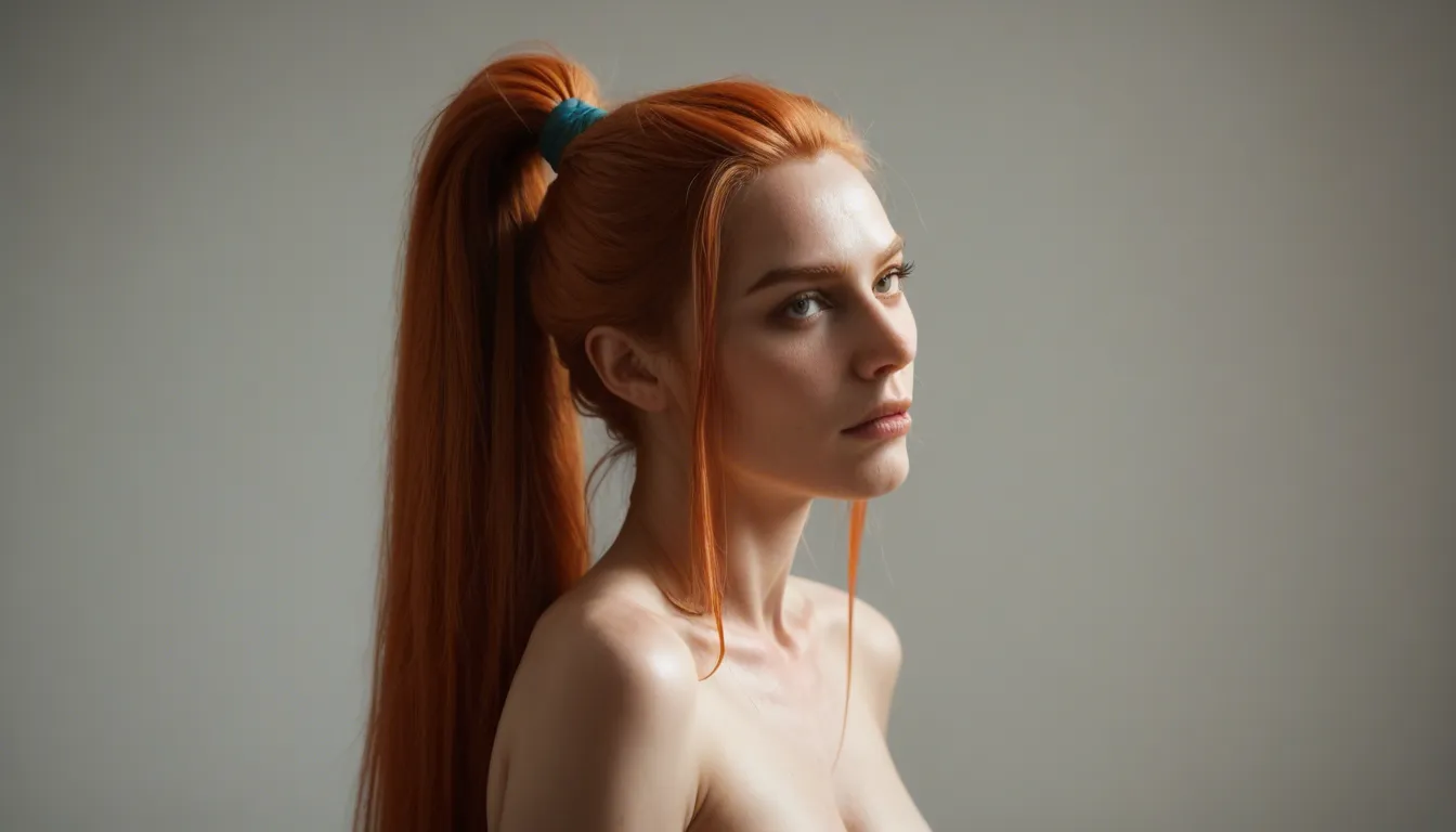 Woman with extremely absurdly long bright ginger hair tied up in a high ponytail with a light blue thin hair tie,  early 20s, pale skin, wearing an oversized light grey heathered hoodie with a kangaroo pocket, not wearing pants or underwear, naked ass, wide hips, smooth skin, large arse, hairs curl around face and ears, front view, woman has large cheeks, circular face shape, woman sucking a long erect cock, woman salivates all over a long erect penis, thick white cum flows out of her mouth, woman gives a man a blowjob,