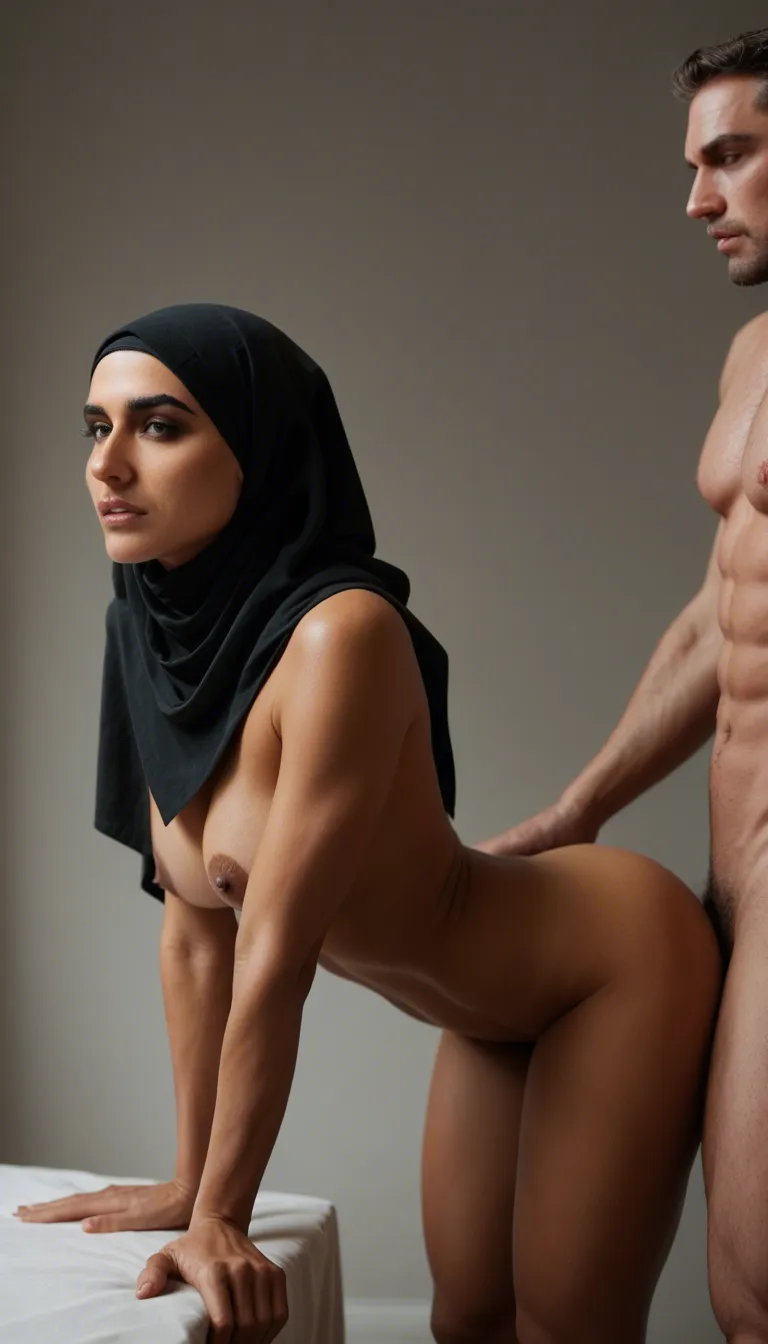 Hijab arab, bent over from the side a guy tall and muscular_male fucking her from behond, with her breasts out shaking