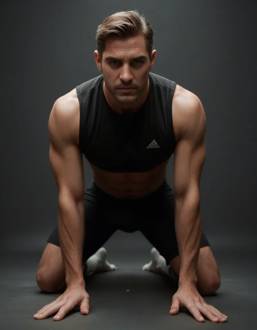 cinematic photo, 8k, male focus, midriff, socks, on all fours, cowboy shot, dslr quality, score_9, score_8, candid photo, realistic skin texture, visible skin pores, film grain, depth of field