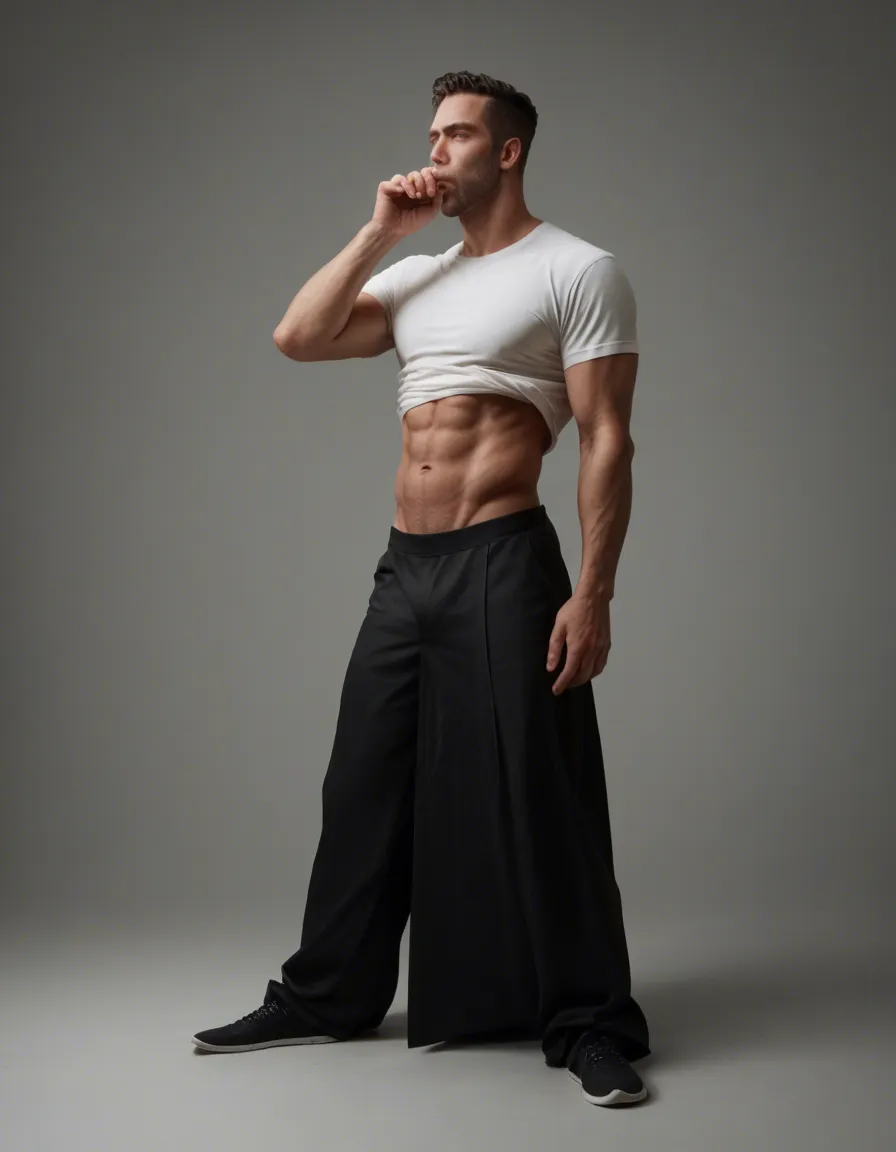 8k, sharp focus, detailed skin, 1boy, stomach, black skirt, blowjob, full body, studio photo, score_9, score_8, candid photo, realistic skin texture, visible skin pores, film grain, depth of field