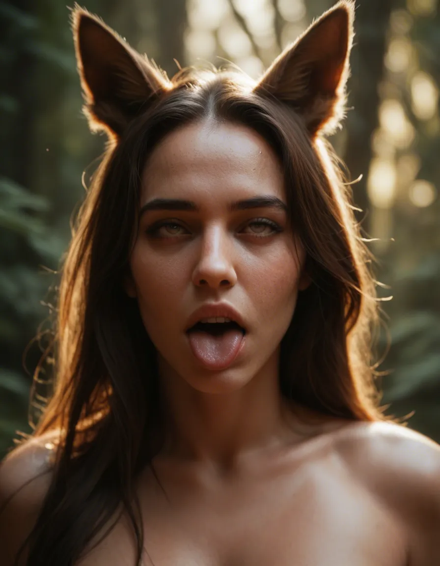 highly detailed, natural lighting, brunette woman, ahegao, animal ears, wild energy, score_9, score_8, candid photo, realistic skin texture, visible skin pores, film grain, depth of field