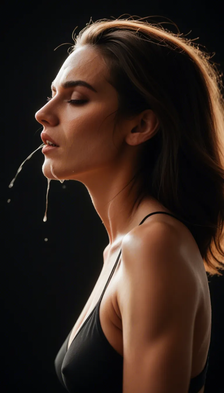 studio quality, sharp focus, side view, solo focus, orgasm, medium breasts, black background, studio photo