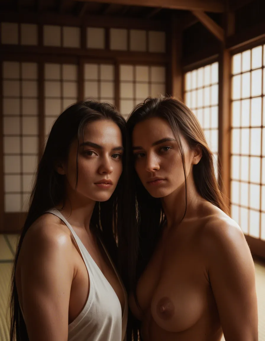 2women 21yo, fully nudes, mixed ethnicities, long hairs, japanese dojo, arching back, studio lighting, 8k uhd, RAW photo, ultra realistic,, score_9, score_8, candid photo, realistic skin texture, visible skin pores, film grain, depth of field