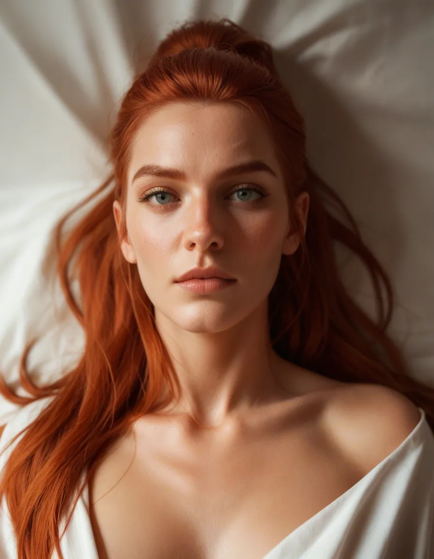 highly detailed, natural lighting, princess, small breasts, no clothes, presenting, bed sheet, portrait, hyperrealistic, redhead, long hair, ponytail, score_9, score_8, candid photo, realistic skin texture, visible skin pores, film grain, depth of field
