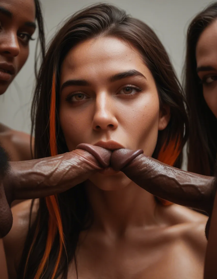 8k, sharp focus, detailed skin, 4girls, two-tone hair, official alternate costume, blowjob, cool tones, natural skin texture, score_9, score_8, candid photo, realistic skin texture, visible skin pores, film grain, depth of field
