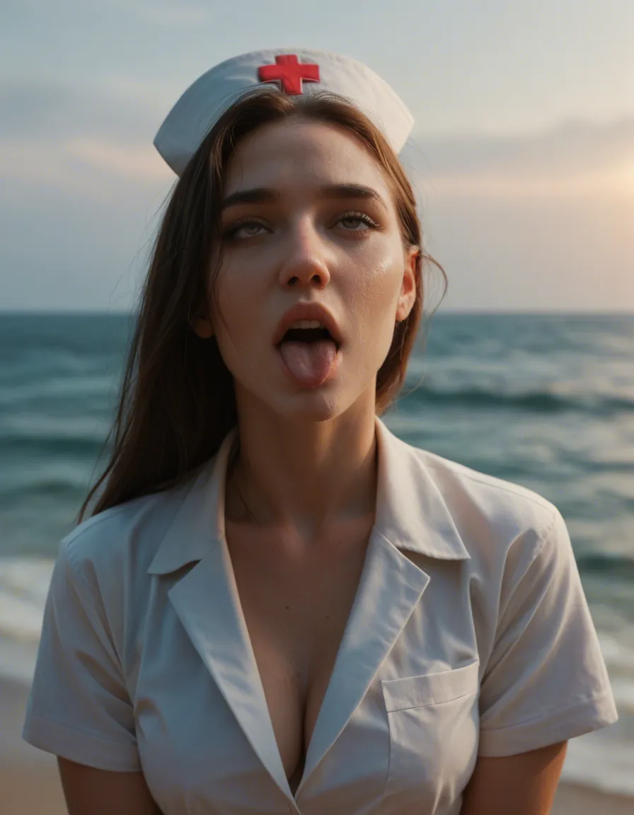 highly detailed, natural lighting, nurse, ahegao, petite adult woman, ocean, natural skin texture, score_9, score_8, candid photo, realistic skin texture, visible skin pores, film grain, depth of field