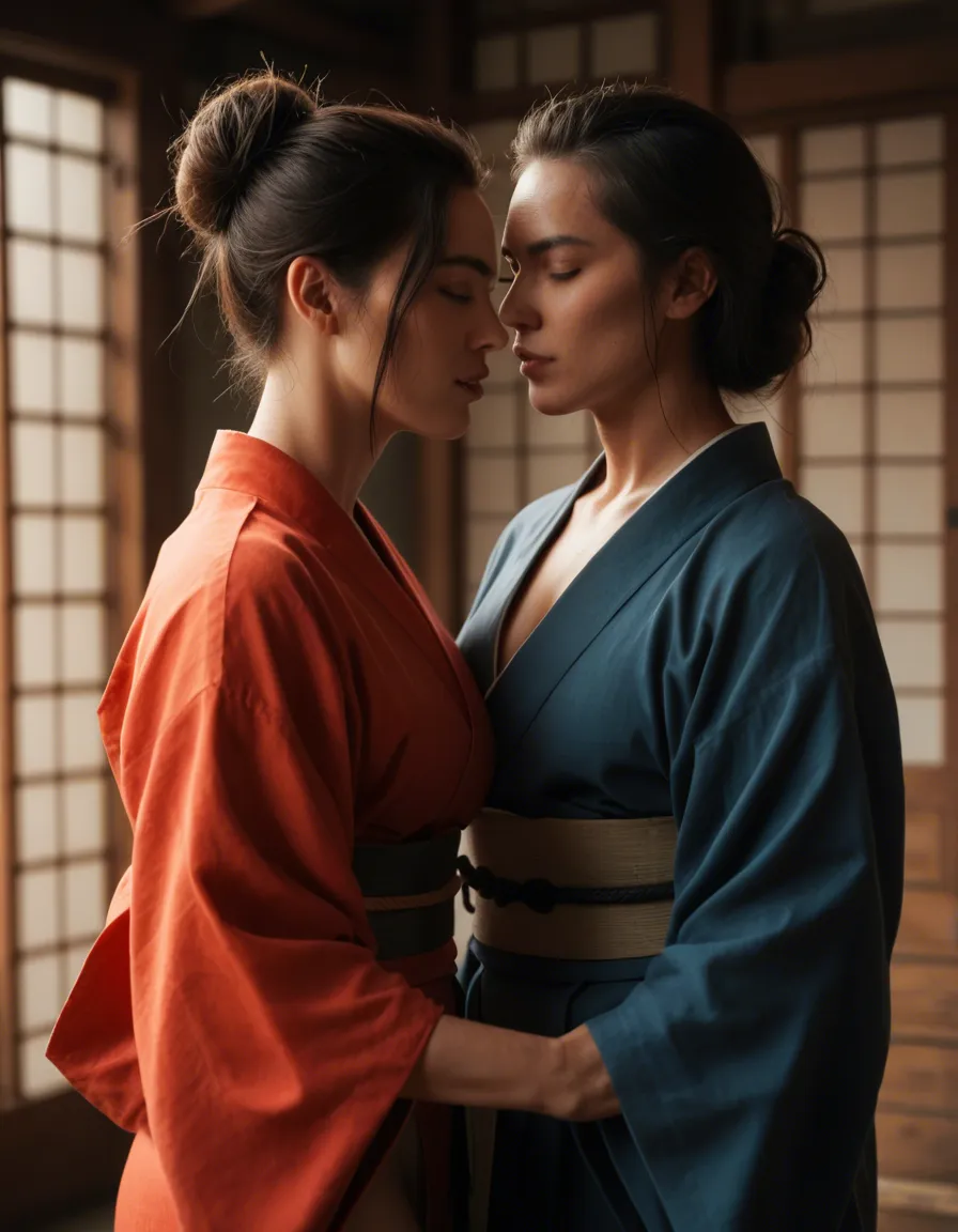 cinematic photo, 8k, couple, japanese clothes, futanari, warm tones, natural skin texture, age difference, score_9, score_8, candid photo, realistic skin texture, visible skin pores, film grain, depth of field