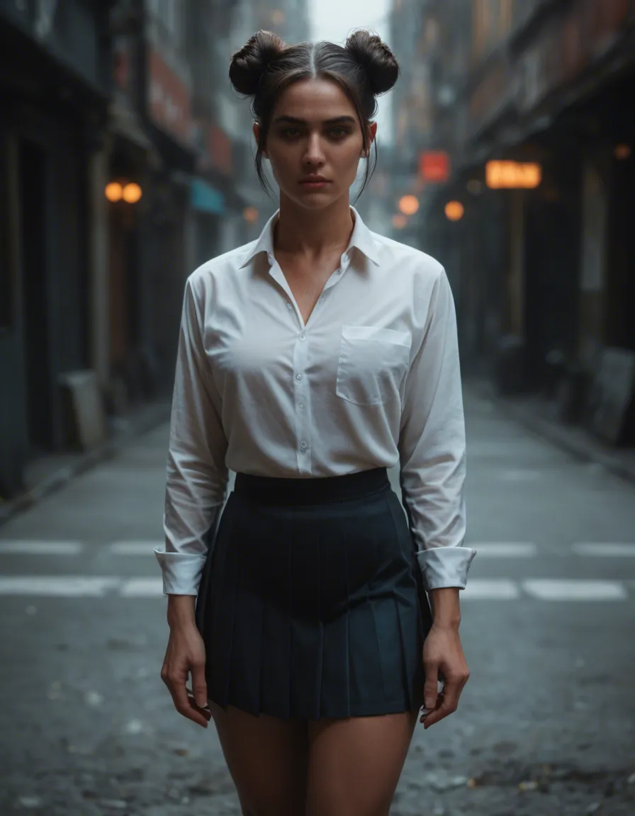sharp focus, 8k uhd, 1boy, double bun, pleated skirt, presenting, ambient glow, RAW photo, score_9, score_8, candid photo, realistic skin texture, visible skin pores, film grain, depth of field