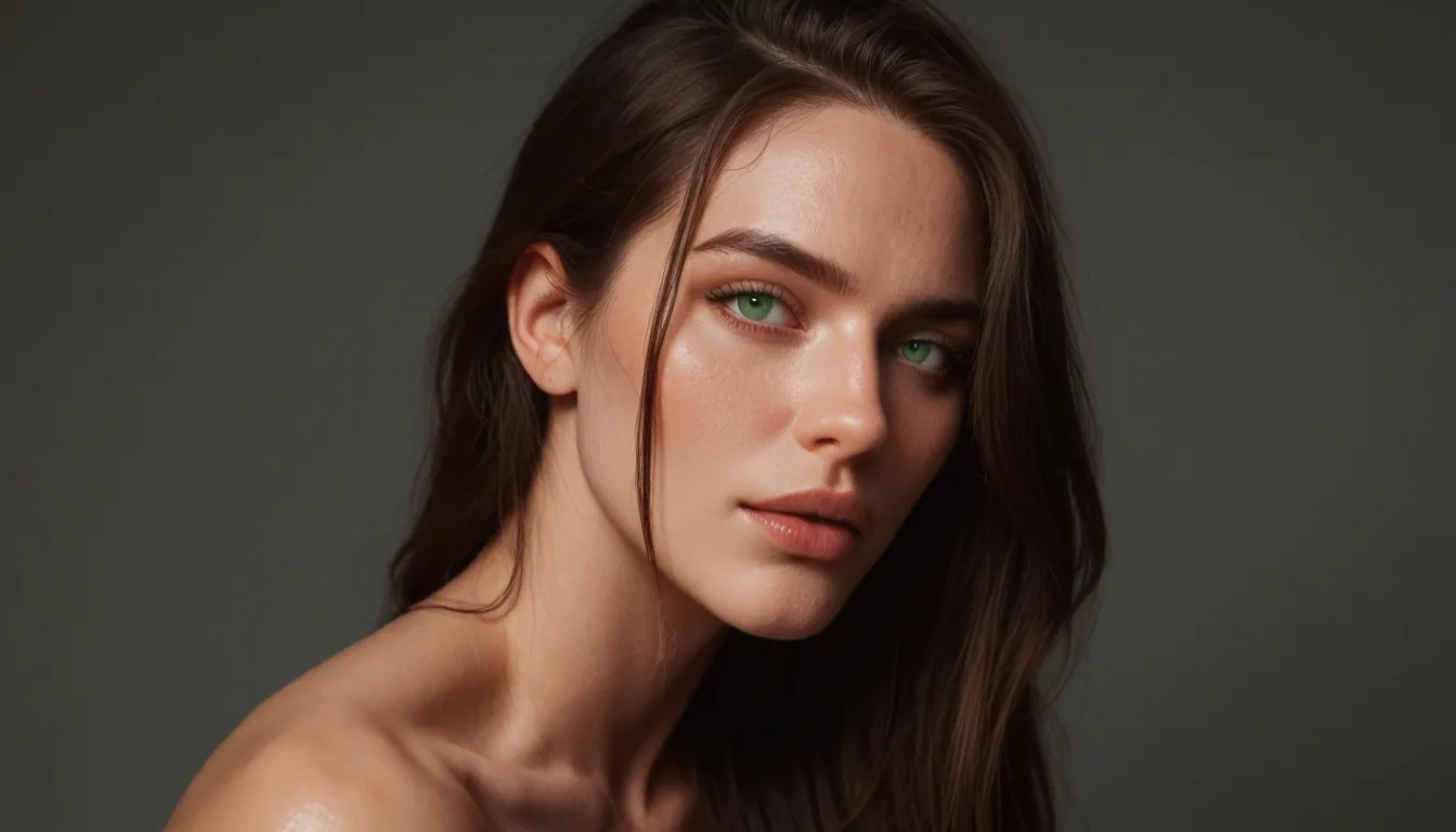 Pale feminine Trans woman with green eyes, tempting me to be fucked, score_9, score_8, candid photo, realistic skin texture, visible skin pores, film grain, depth of field