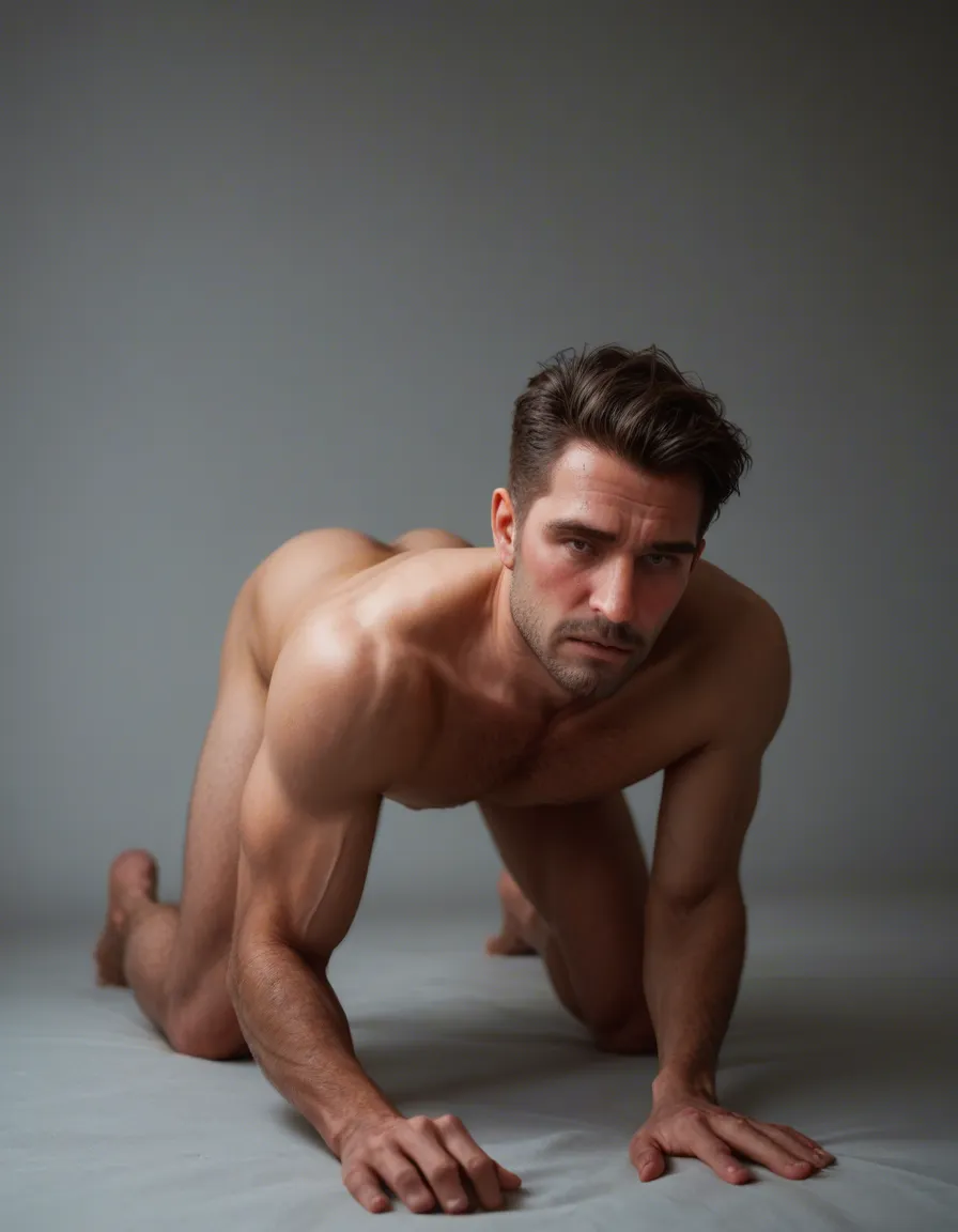 8k, sharp focus, detailed skin, male focus, bent over, underboob, nervous blush, lifelike full_body, score_9, score_8, candid photo, realistic skin texture, visible skin pores, film grain, depth of field