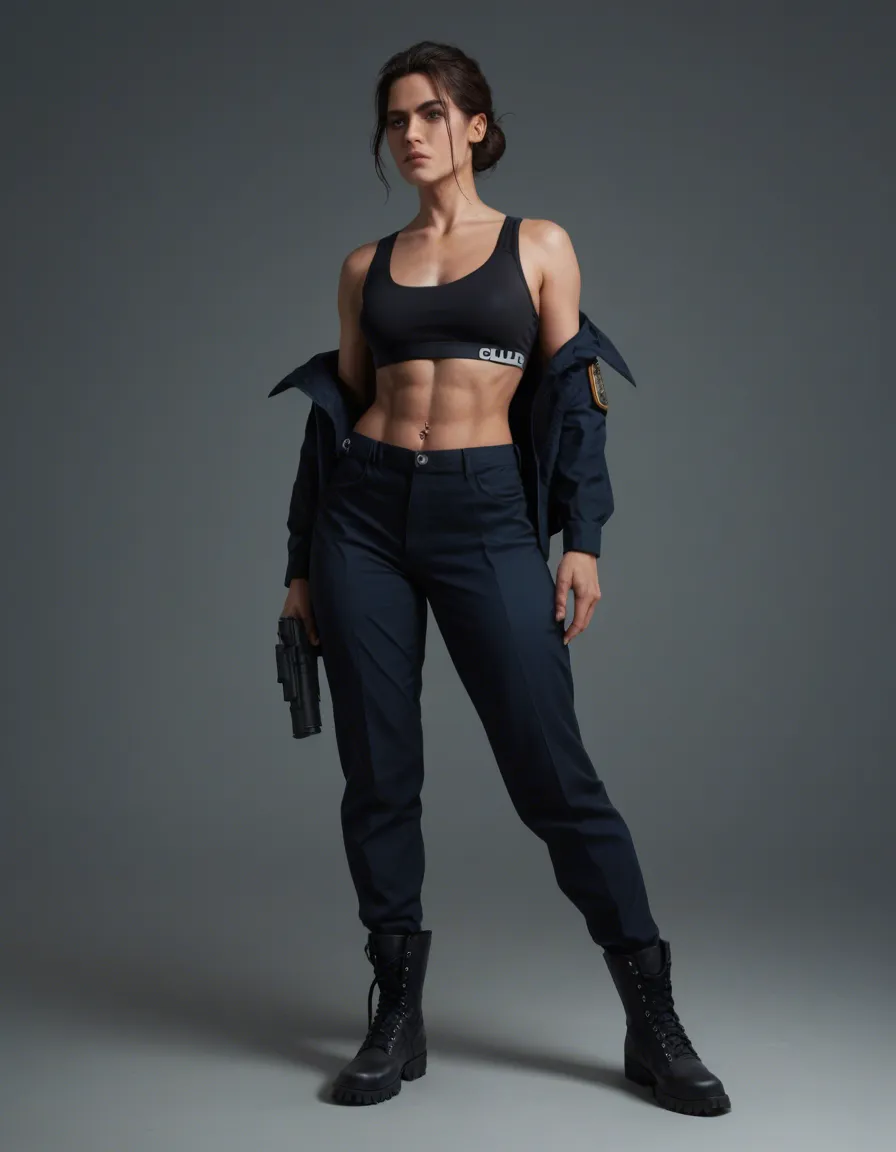 (Exactly two subjects.) Subject 1 is a brunette mature female police officer, with small breasts, hair in bun, no hat, and (pierced navel), (wearing a partially unbuttoned police uniform), black sports bra, full-length dark uniform pants, and (black work boots). Subject 2 is a tall, strong, (dark-skinned male) uniformed police officer. Subject 1 is kneeling and giving Subject 2 a deepthroat blowjob. Saliva is dripping down her chin. In alley, at night, ultrarealistic, no direct light on foreground, detailed skin, shallow depth_of_field., score_9, score_8, candid photo, realistic skin texture, visible skin pores, film grain, depth of field