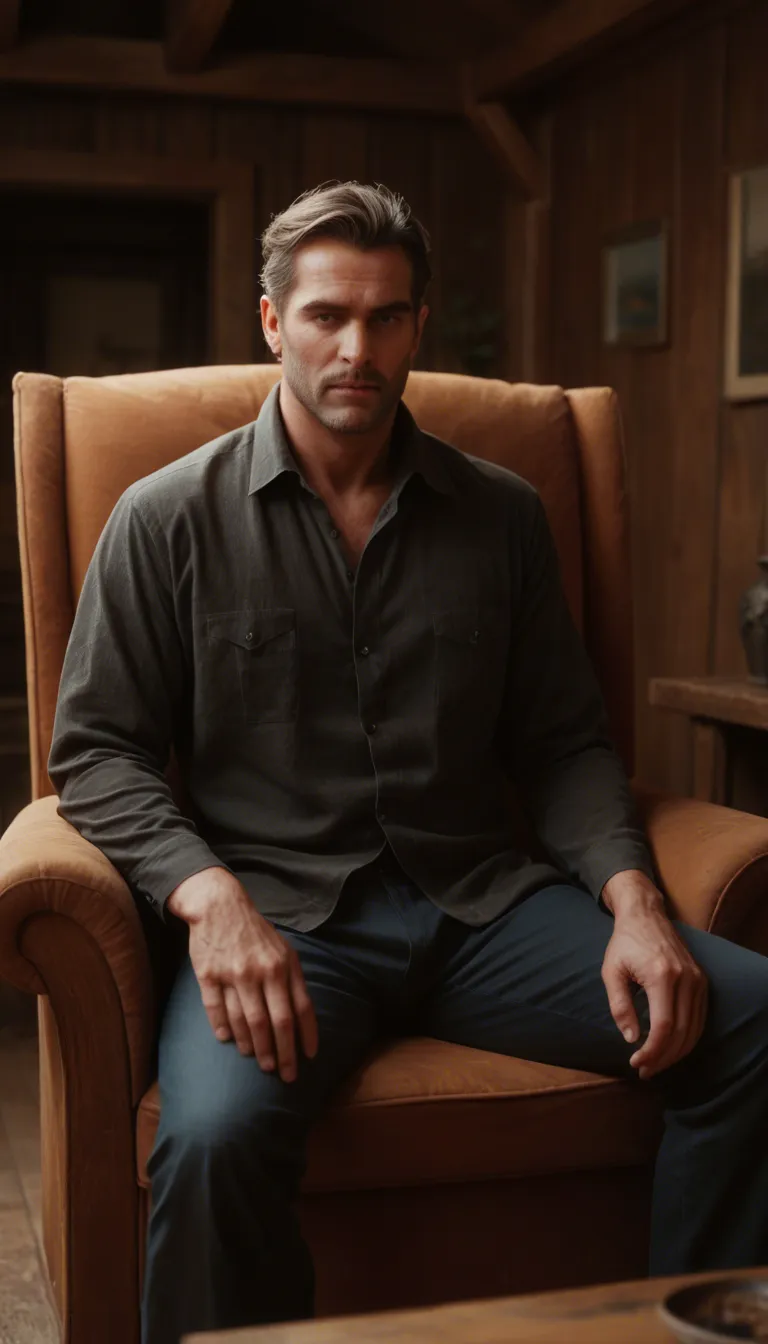 In a wooden house, a dressed man of 40 years old is sitting on an armchair in a room, his wife of 30 years old is sitting on the armrest of the chair, barefoot, with red hair, gathered in a bun, and wearing a short sundress with a slit without panties and a bra. A 63-year-old neighbor is looking at them from the next room.