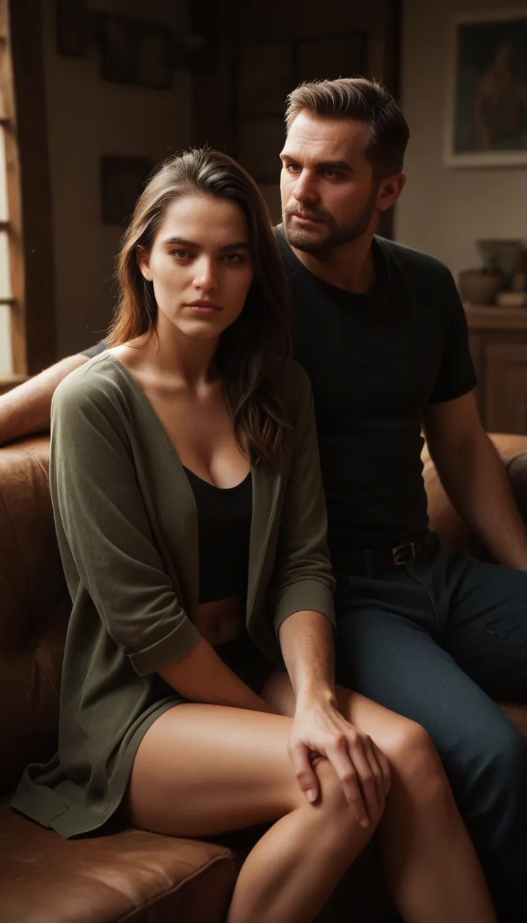 In a wooden house in a room on a sofa sits a dressed and shod husband of 40 years old, at the other end of the sofa sits a dressed and shod man - a neighbor of 63 years old, In front of them stands the husband's wife, 30 years old, barefoot, with red hair gathered in a bun, and dressed in a short A sundress with a slit without panties and a bra undresses and dances a striptease for them.