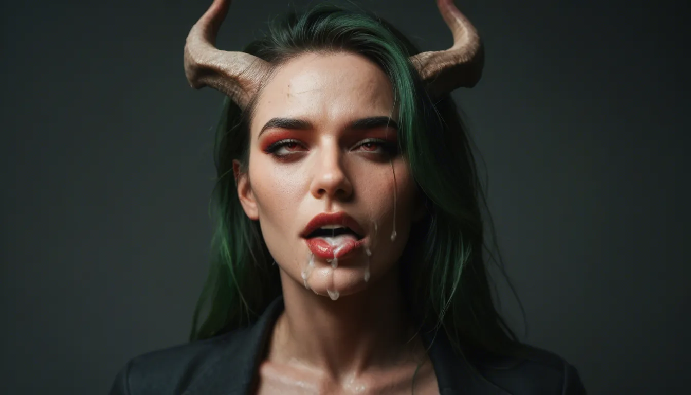 8k, sharp focus, detailed skin, succubus, green hair, open clothes, ahegao, cinematic realism sexy masturbation cum face submissive look in her eyes_visible_through_hair, score_9, score_8, candid photo, realistic skin texture, visible skin pores, film grain, depth of field