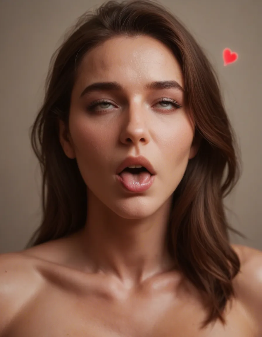 ultra HD, lifelike, mature female, swept bangs, heart, ahegao, cinematic realism, score_9, score_8, candid photo, realistic skin texture, visible skin pores, film grain, depth of field