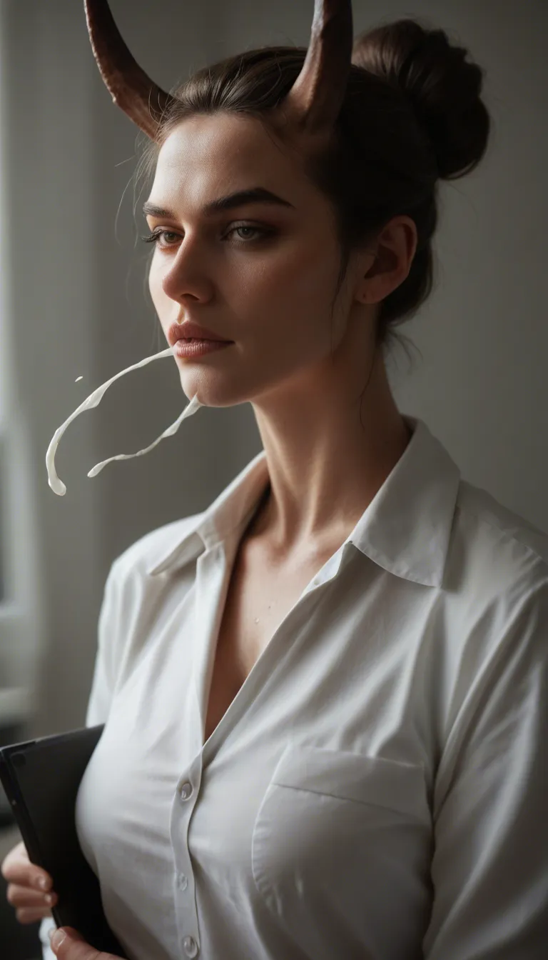 highly detailed, natural lighting, office lady, hair bun, horns, cumshot, 8k uhd photo