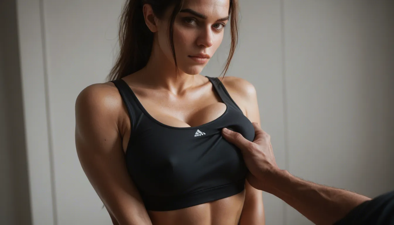 tight_clothes, sports_bra, groping, covering_breasts, embarrassed, touching, score_9, score_8, candid photo, realistic skin texture, visible skin pores, film grain, depth of field
