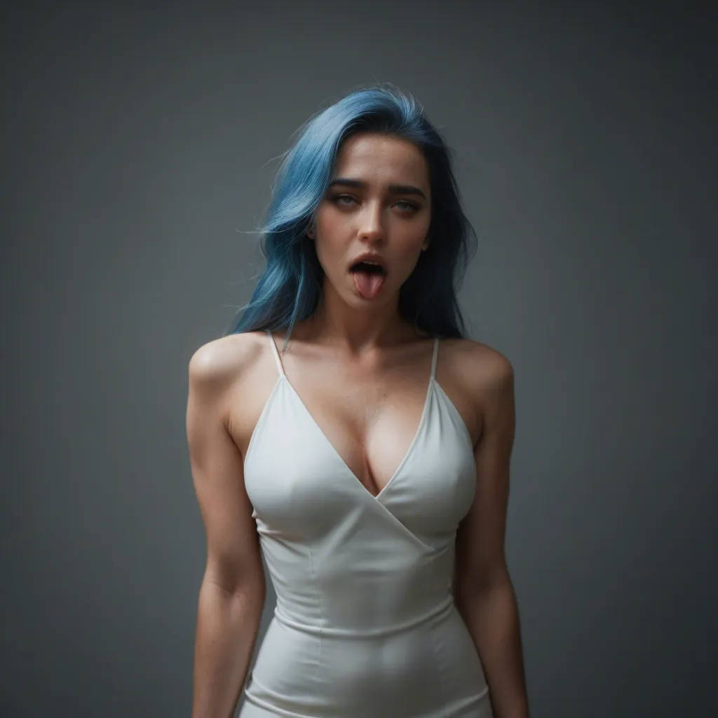 best quality, hyperrealistic,woman, blue hair, dress, ahegao, 8k uhd photo