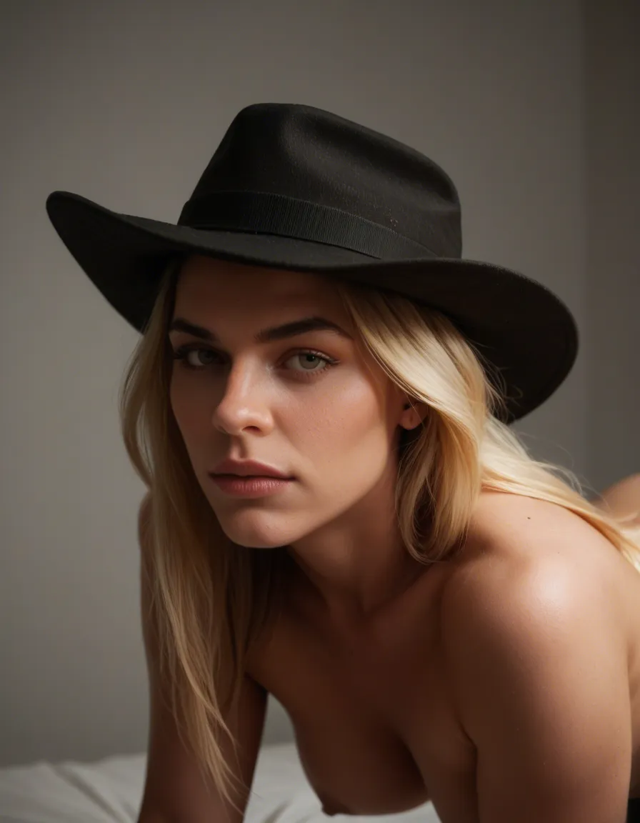 best quality, hyperrealistic, demon woman, blonde hair, hat, doggy style, photorealistic, score_9, score_8, candid photo, realistic skin texture, visible skin pores, film grain, depth of field