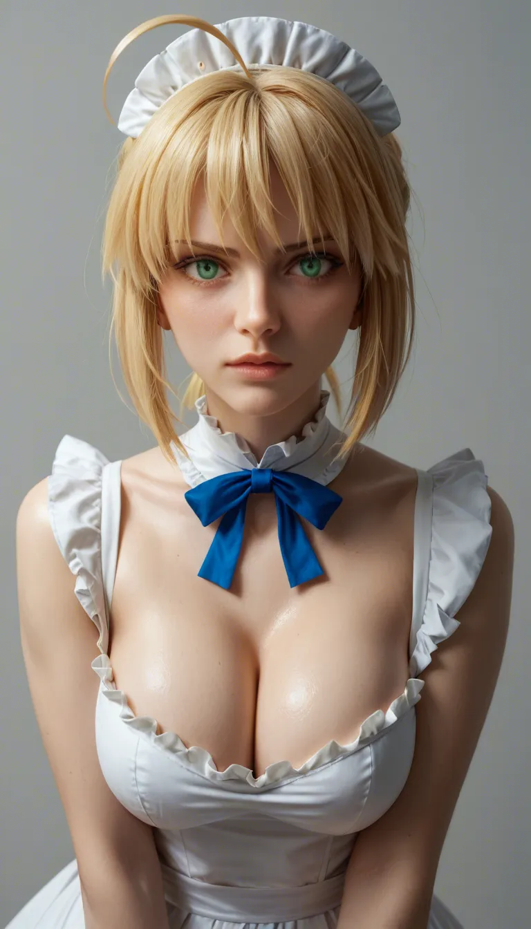 masterpiece, best quality, ultra-detailed, highly detailed, 1woman, solo, saber (fate), artoria pendragon (fate), blonde hair, green eyes, short hair, ahoge, maid headdress, white frilled headdress, blue ribbons, contemptuous expression, disdainful look, scornful eyes, slightly open mouth, arrogant expression, large breasts, huge breasts, nipples, topless, black choker, heart pendant necklace, black fingerless gloves, white thighhighs, lace-trimmed thighhighs, blue bows on stockings, black high heels, one leg raised high, sole of shoe visible, other leg bent, black high heel visible, white maid apron, blue bows, skimpy apron, almost naked, pussy, wet pussy, vaginal fluids, dripping, partially submerged in water, blue water, lying on back in pool, wet skin, shiny skin, water droplets, explicit, nsfw, highly detailed face, highly detailed eyes, cinematic lighting, sharp, score_9, score_8, 3d render, octane render, subsurface scattering, ray tracing, smooth shading