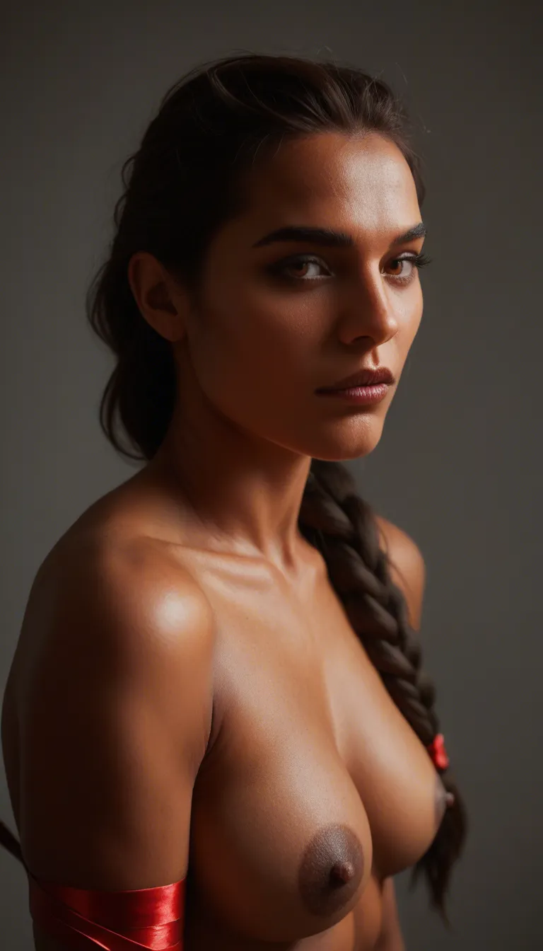 sharp focus, 8k uhd, demon woman, single braid, ribbon, bondage, 8k uhd photo