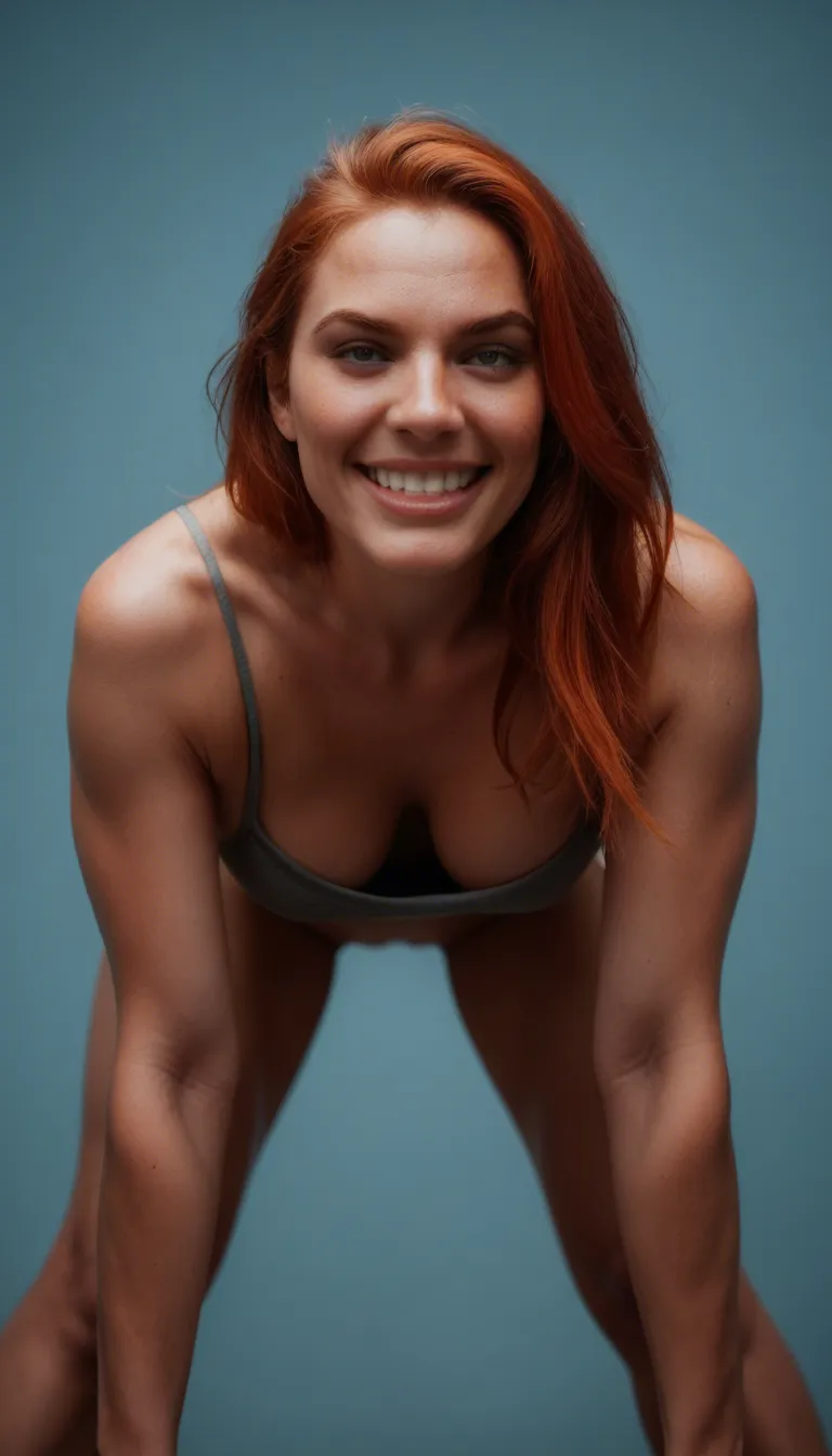 cinematic photo, 8k, redhead woman, bent over, colored skin, blue background, teasing grin, 8k uhd photo