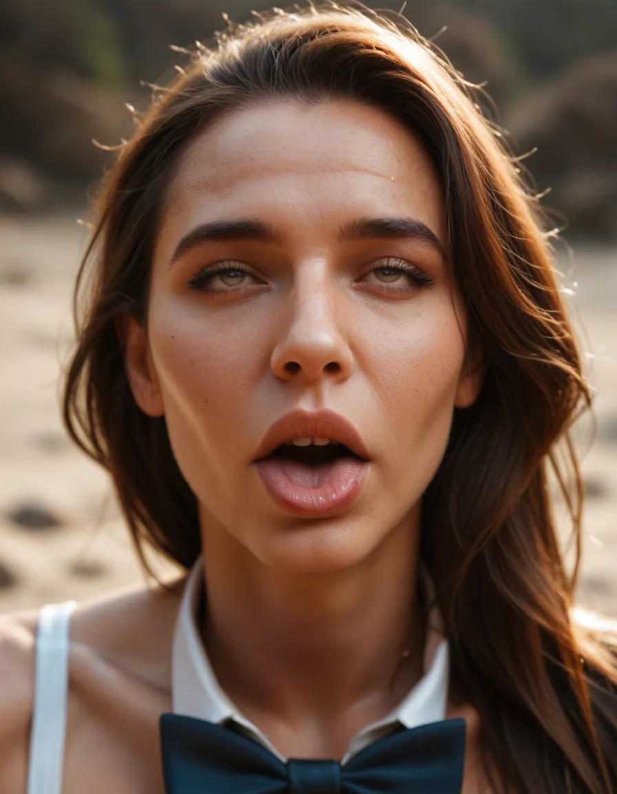 8k, sharp focus, detailed skin, milf, lips, bowtie, ahegao, day, over the shoulder, photorealistic, score_9, score_8, candid photo, realistic skin texture, visible skin pores, film grain, depth of field