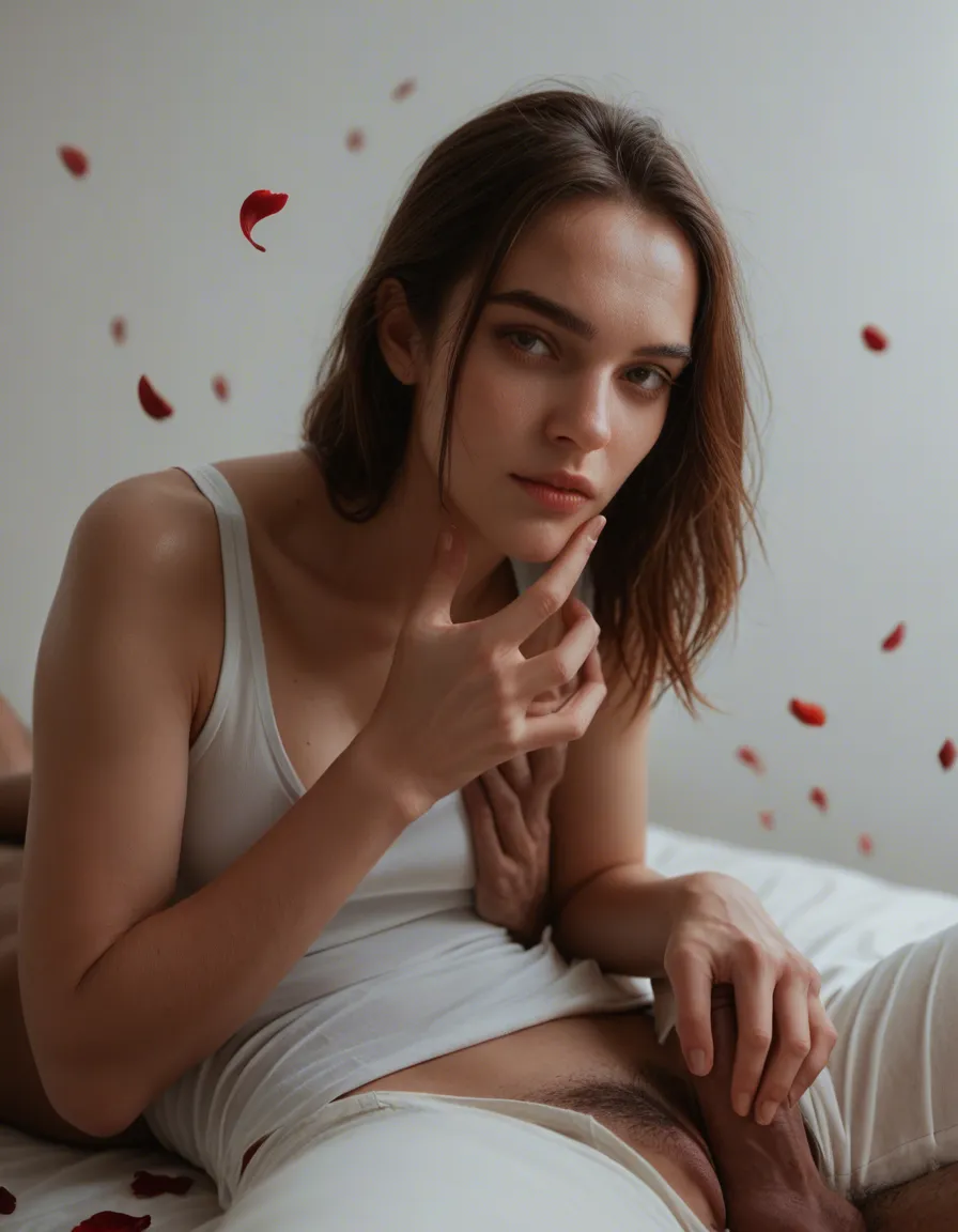 studio quality, sharp focus, solo focus, holding hands, white shirt, 69 position, petals, film photography, score_9, score_8, candid photo, realistic skin texture, visible skin pores, film grain, depth of field