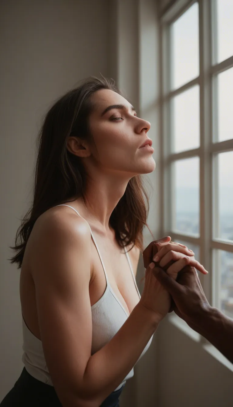 professional photo, high detail, medium shot, brunette woman, deepthroat, holding hands, window, photorealistic