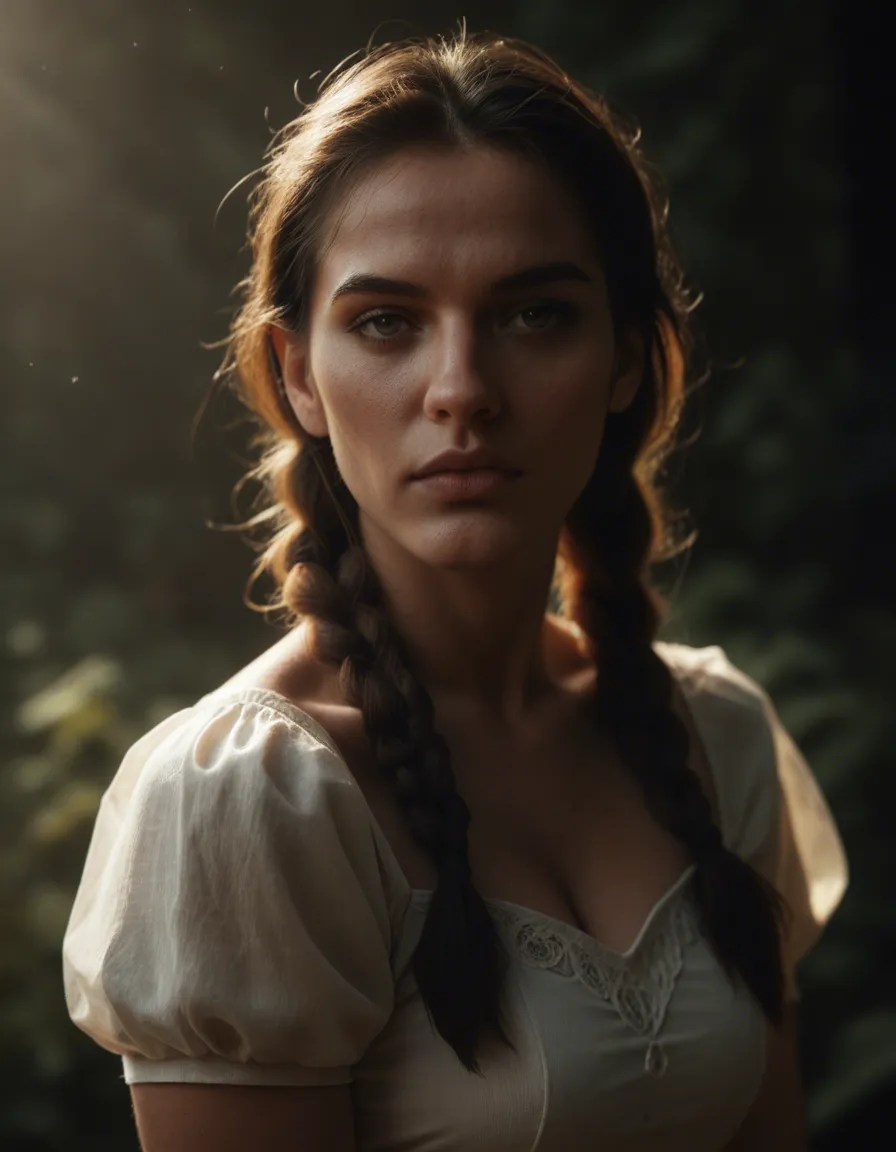 highly detailed, natural lighting, bunny woman, twin braids, puffy sleeves, fully nude, moonlight, photorealistic, score_9, score_8, candid photo, realistic skin texture, visible skin pores, film grain, depth of field