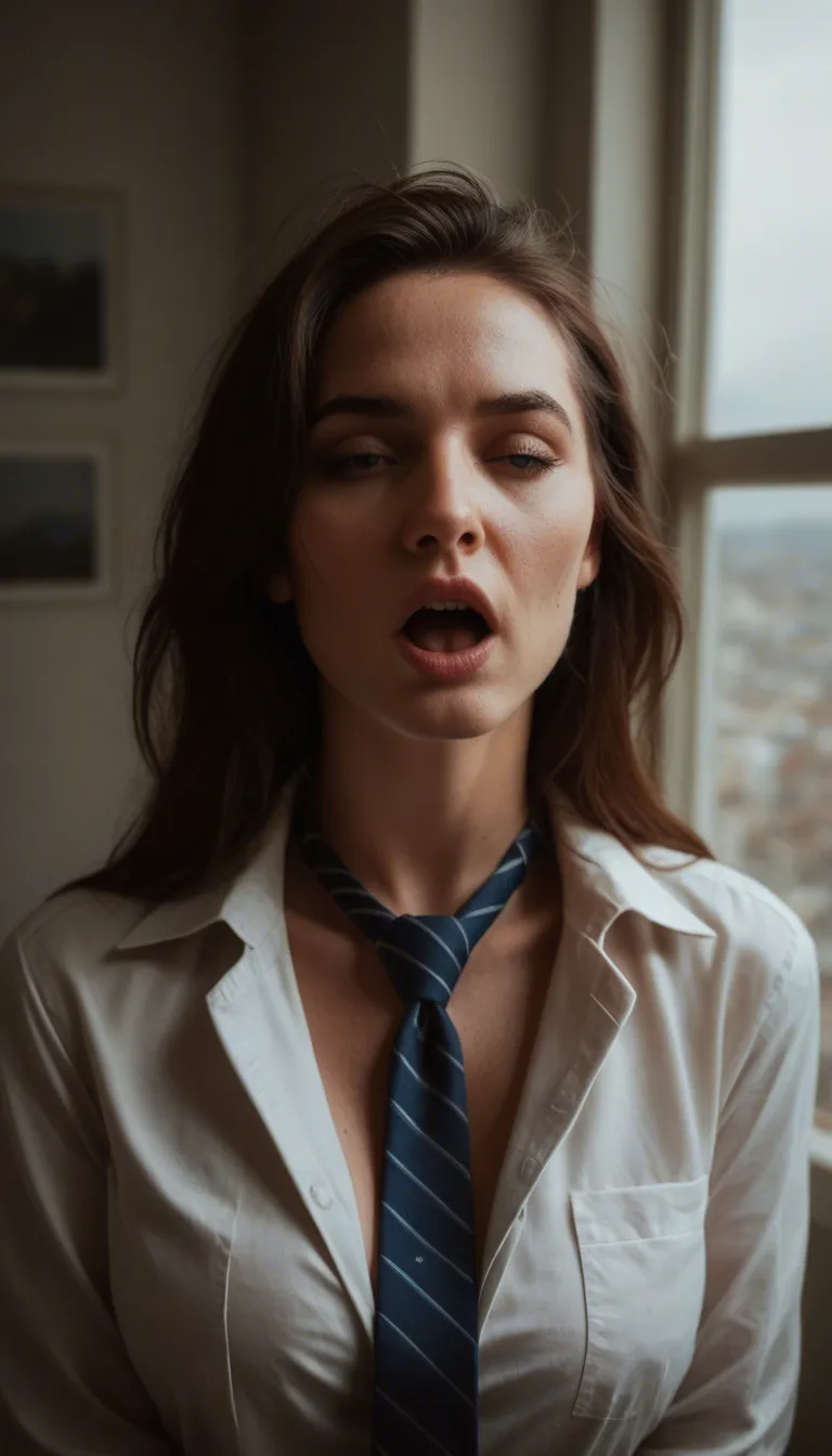 RAW photo, ultra realistic, mature female, necktie, moaning, window light, photorealistic