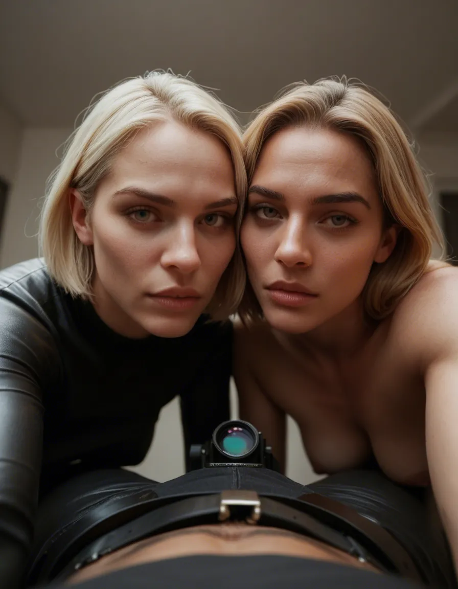 Camera is pov of guy looking down, wearing leather leggings and getting his dick sucked by two girls with short blonde hair and fades, also in black leather leggings, score_9, score_8, candid photo, realistic skin texture, visible skin pores, film grain, depth of field