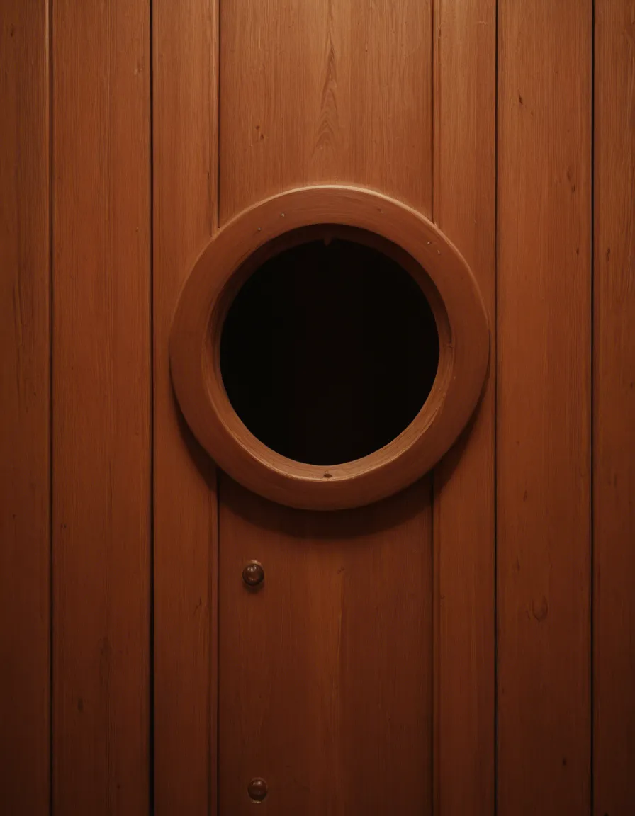 Keyhole reveal composition, gap focus, voyeuristic perspective, looking through irregular small jagged hole in old wooden door, heavily blurred dark wooden door texture filling 50-60% of frame, creamy dreamy bokeh on the rough wood edges, narrow irregular peephole opening, through the small broken hole in the door, distant view of elegantly beautiful european redhead woman standing in a dimly lit traditional Japanese bathroom, she is taking a shower, warm water streaming down her curvaceous body, long wet redhead hair clinging to her back and shoulders, steam gently rising, soft wet skin glistening under warm light, she is completely unaware of being watched, natural candid pose, slightly turned away, one hand raised brushing hair back, serene and private moment, cinematic lighting, delicate rim light from behind, soft volumetric god rays cutting through steam, warm tungsten + subtle blue ambient mix, high contrast chiaroscuro, moody intimate atmosphere, film noir sensual undertone, ultra sharp focus on the woman through the narrow gap, razor-sharp detail on face and body, score_9, score_8, candid photo, realistic skin texture, visible skin pores, film grain, depth of field
