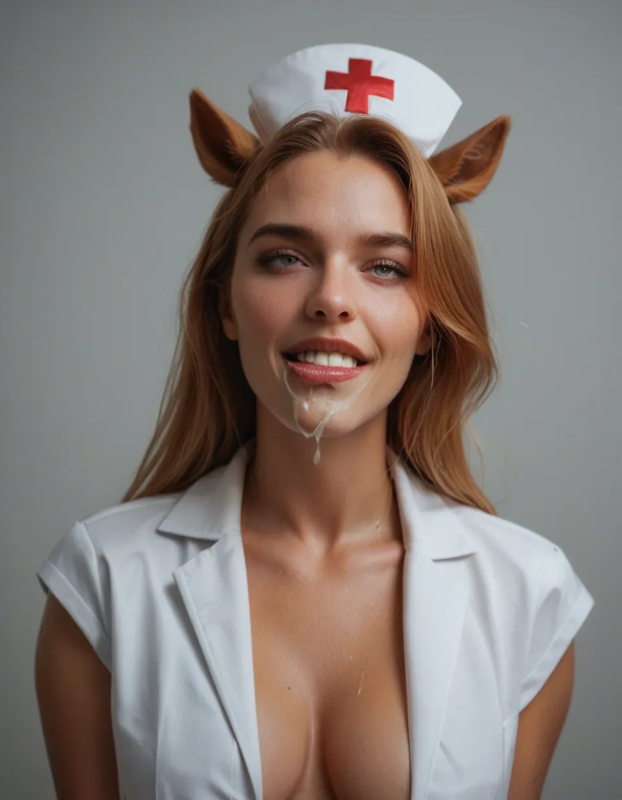 sharp focus, 8k uhd, nurse, horse ears, food, biting lip, ahegao, studio photo, score_9, score_8, candid photo, realistic skin texture, visible skin pores, film grain, depth of field
