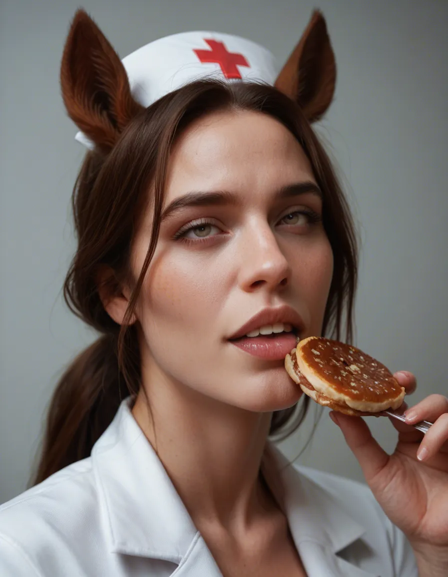 sharp focus, 8k uhd, nurse, horse ears, food, biting lip, ahegao, studio photo, score_9, score_8, candid photo, realistic skin texture, visible skin pores, film grain, depth of field, score_9, score_8, candid photo, realistic skin texture, visible skin pores, film grain, depth of field