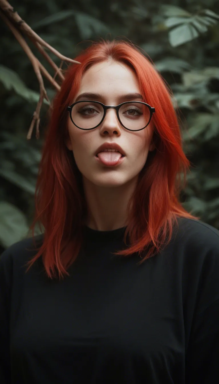 • Hair & Face: She has long, strikingly bright red hair with straight bangs. She wears black glasses with round lenses and playfully sticks out her tongue.
• Clothing: She is dressed in sportswear, consisting of a black sports bra (bustier) with a zipper in the front and tight-fitting, heather gray leggings with perforated details on the sides. She is barefoot.
• Tattoos & Jewelry: A large, colorful tattoo is visible on her left hip. She also has a navel piercing and wears a black smartwatch on her right wrist.
She Open the Zipper and presenting her bare breasts
