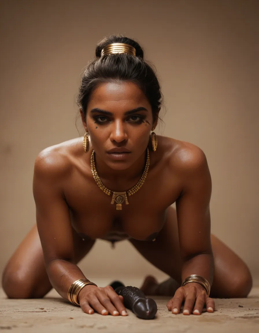ancient egyptian woman wearing gold jewelry mounting canine dildo, score_9, score_8, candid photo, realistic skin texture, visible skin pores, film grain, depth of field
