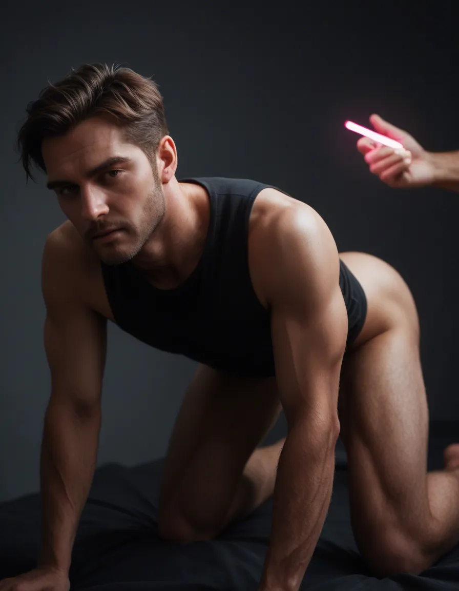 best quality, hyperrealistic, 2boys, hair ornament, sleeveless, on all fours, neon glow, lifelike render, score_9, score_8, candid photo, realistic skin texture, visible skin pores, film grain, depth of field