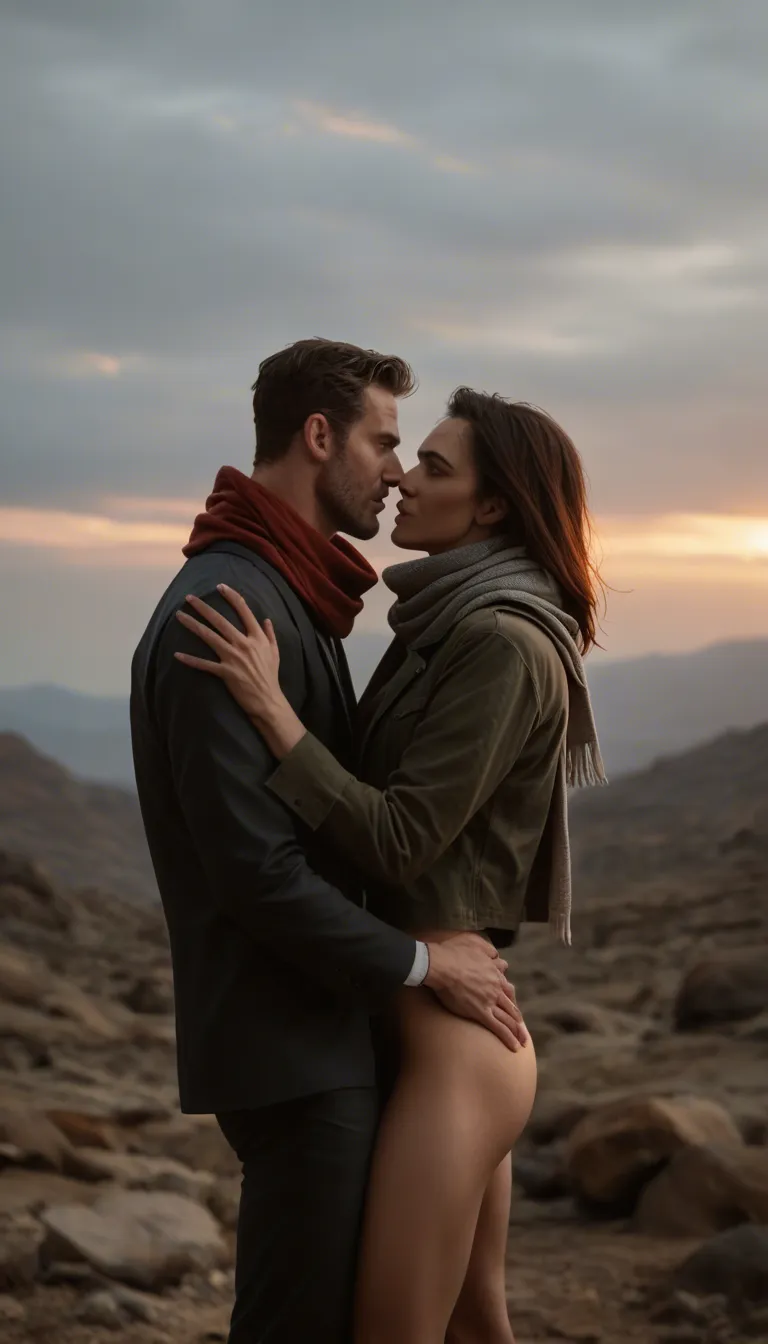 dslr, film grain, photorealistic, male focus, standing sex, scarf, sky, confident gaze, 8k uhd photo