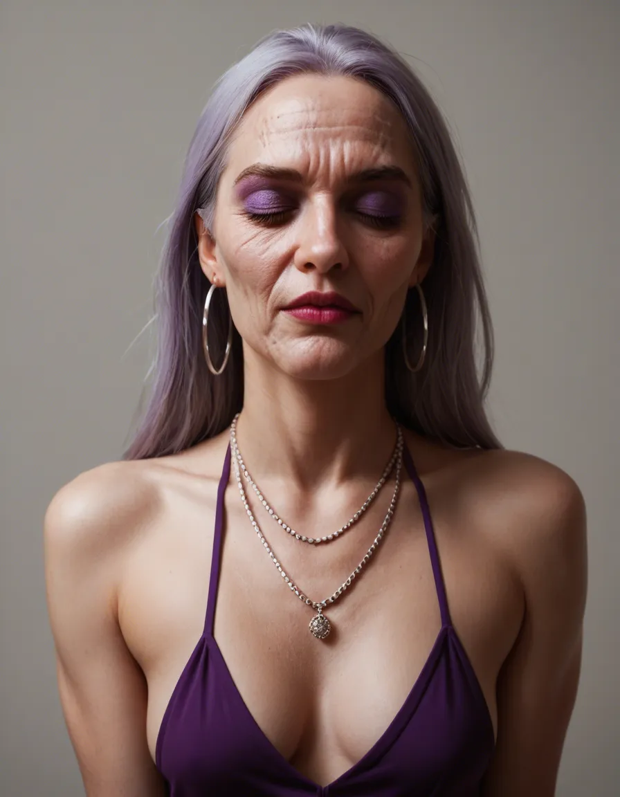an amateur snapshot, A tall 50 years old woman, saggy small breasts, she has slight wrinkles on face, purple eyeshadow and lipstick on face, , silver hoop earrings, very long quite messy purple hair, eyes are closed, wearing elegant necklace and bracelets, skinny, purple thighhighs , is lying on a couch with her back to the camera and she is getting fucked by his big 8 inch long thick fat hard cock. Her feet are in the air He is a 20 year old man and there are in a luxury hotel room, he is holding her legs, She has a pink unshaven wet pussy. Her eyes are closed. On the floor is an opened tube of lube . Another 20 year old man, is standing beside her and she is sucking deeply his big 8 inch long hard wet cock. He has a hand on her breast, flat even light, casual unposed snapshot, natural everyday colour, mild noise, pale white skin, radiant complexion, late fifties, score_9, score_8, candid photo, realistic skin texture, visible skin pores, film grain, depth of field