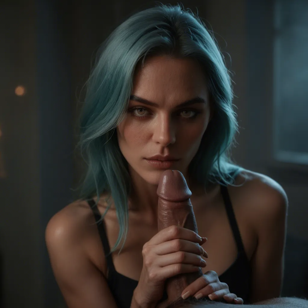 RAW photo, ultra realistic, demon woman, aqua hair, no clothes, handjob, moonlight, hyperrealistic