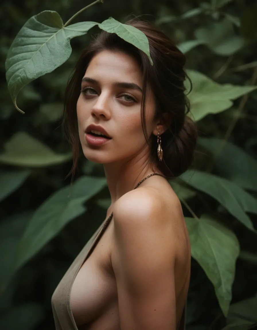 best quality, hyperrealistic, solo, sideboob, jewelry, looking at viewer, ahegao, leaf, ambient glow, RAW photo, score_9, score_8, candid photo, realistic skin texture, visible skin pores, film grain, depth of field