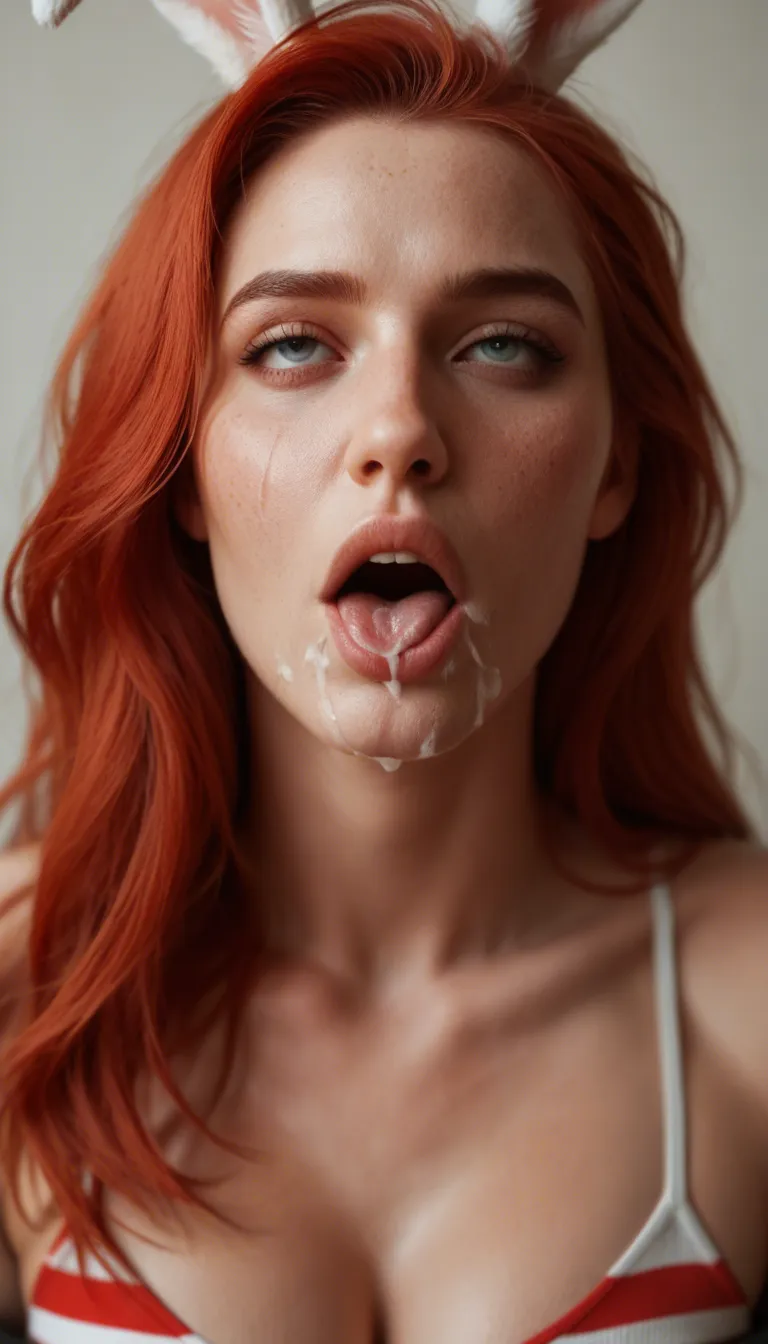 ultra HD, lifelike, bunny woman, red hair, striped_clothes, ahegao, facial,