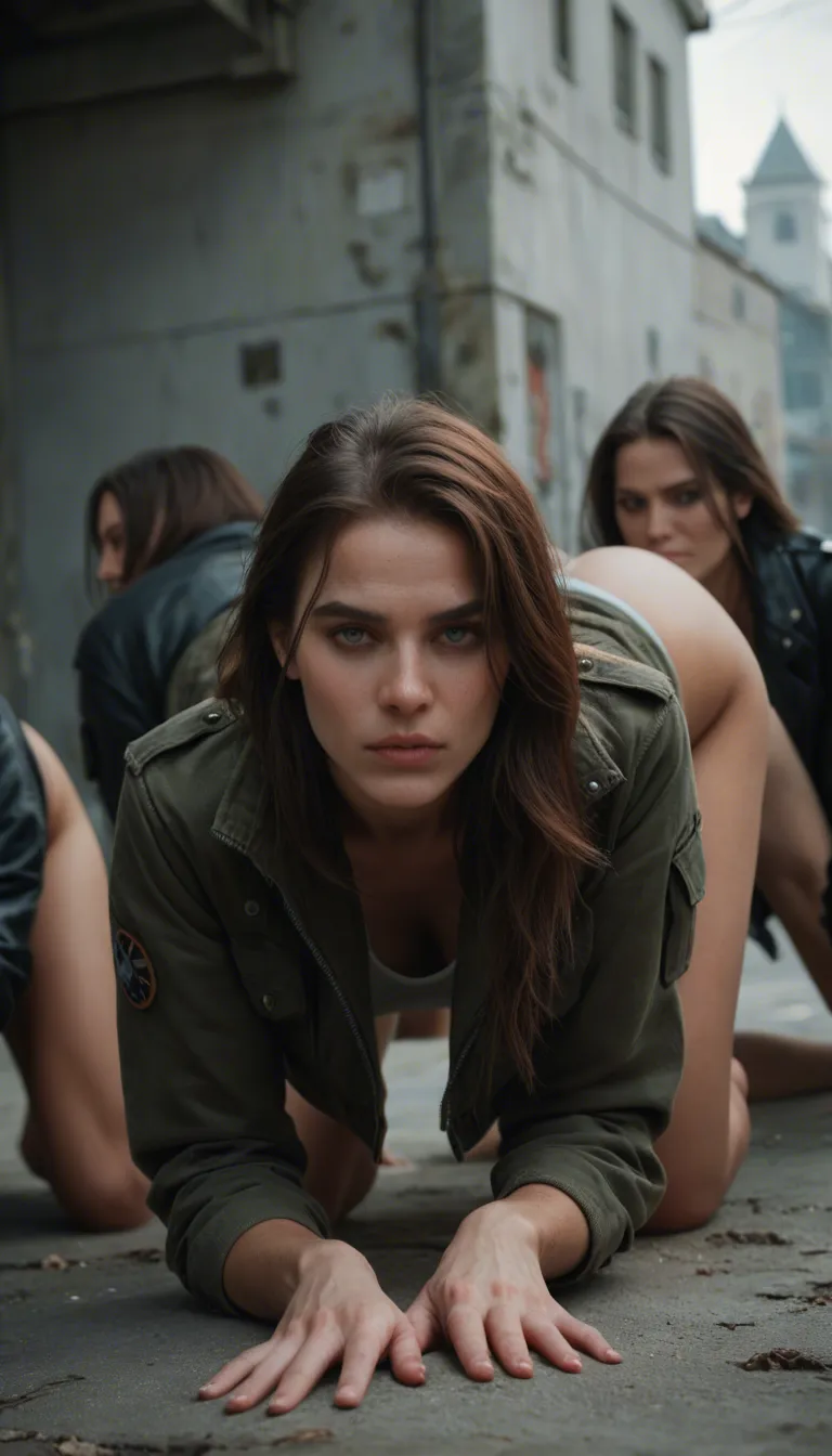 best quality, hyperrealistic, 4women, jacket, on all fours, RAW photo