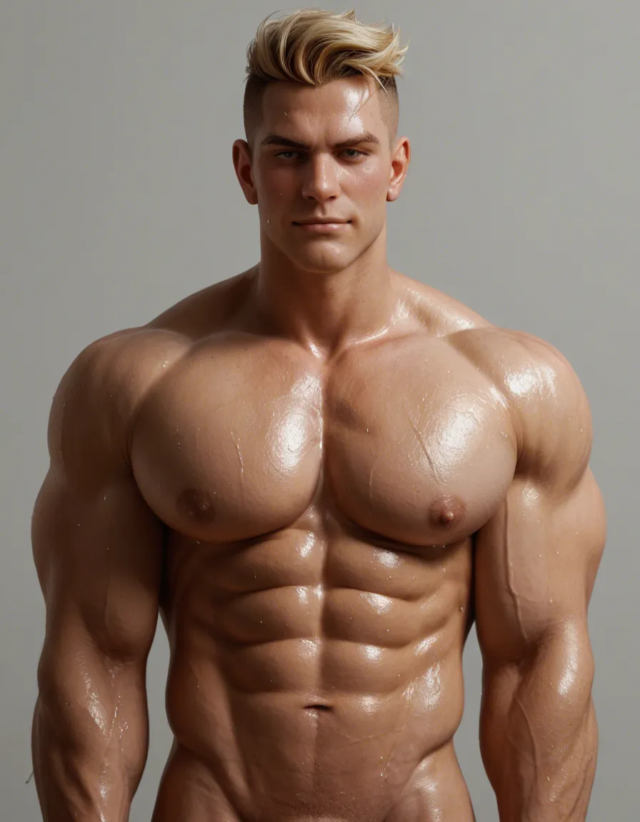 1boy, solo focus, extremely muscular male, bodybuilder, huge pecs, thick arms, defined abs, blonde short spiky hair, undercut, smirk, looking at viewer, half-lidded eyes, blush, sweat, wet skin, nude, large erect penis, thick cock, precum dripping, hand on hip, from below, shower room, blue tiled wall, warm lighting, anime style, detailed, masterpiece, best quality, score_9, score_8, candid photo, realistic skin texture, visible skin pores, film grain, depth of field