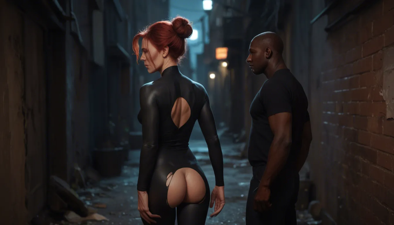 night, back alley, interracial clothed sex, mature female, red hair in loose bun, small breasts, some pubic hair, ((torn black bodysuit:1.3)), ankle boots, fucked hard by police officer, from_side